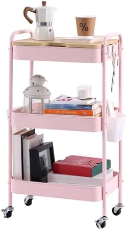 Schwarzer Rollwagen mit 3 Ebenen – Aufbewahrungswagen für Küche, Bad & Wohnzimmer mit abnehmbarem Holztablett und 4 Hake