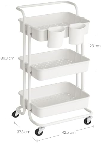 SONGMICS Servierwagen 3 Ebenen mit Griff und Bremsen – Idealer Küchenwagen für Schlafzimmer und Wohnzimmer, leicht aufzu