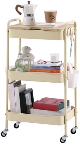 Schwarzer Rollwagen mit 3 Ebenen – Aufbewahrungswagen für Küche, Bad & Wohnzimmer mit abnehmbarem Holztablett und 4 Hake