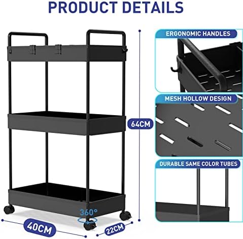 Ronlap Rollwagen Küchenwagen mit 3 Ebenen, praktischer Servierwagen mit Aufhängebechern für Küche und Büro, Schwarz