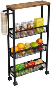 Küchenwagen schmal von mit 4 Ebenen und Holztischplatte – ideal für kleine Räume!