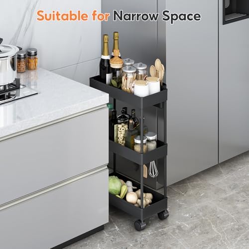 3PCS 4 Ebenen Aufbewahrungswagen mit Rollen - Platzsparender minimalistischer Badezimmerwagen für Bad & Küche, Schwarz