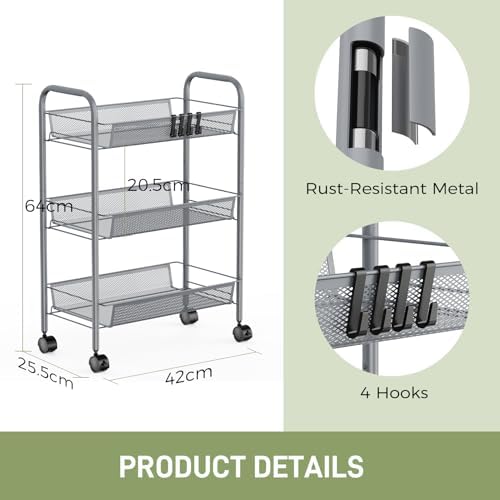 WELDUN Rollwagen mit 4 Ebenen – Mobiler Gitteraufbewahrungswagen für Küche und Wohnzimmer, Weiß