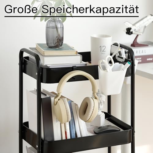 Schwarzer Rollwagen mit 3 Ebenen – Aufbewahrungswagen für Küche, Bad & Wohnzimmer mit abnehmbarem Holztablett und 4 Hake