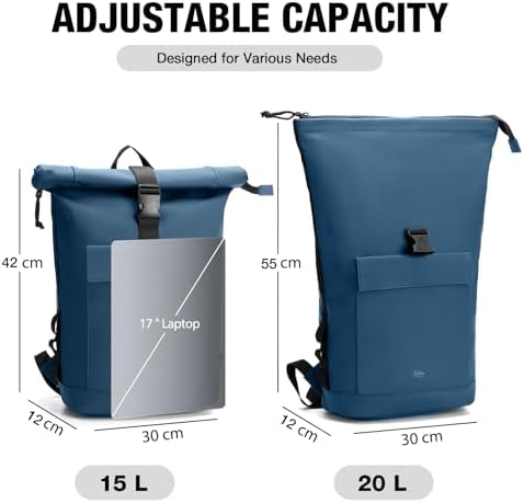 Lekeinchi Rolltop Rucksack für Damen & Herren – Wasserdichter Laptoprucksack mit 17 Zoll Fach für Reisen, Uni & Arbeit -