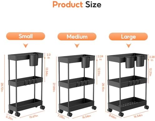3PCS 4 Ebenen Aufbewahrungswagen mit Rollen - Platzsparender minimalistischer Badezimmerwagen für Bad & Küche, Schwarz