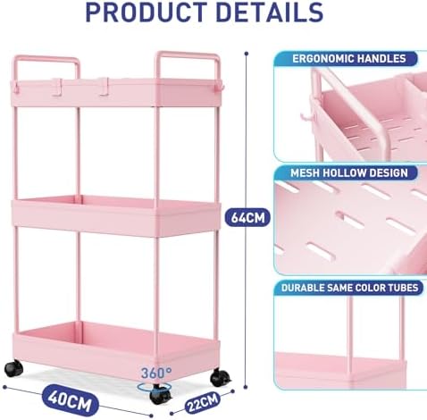 Ronlap Rollwagen Küchenwagen mit 3 Ebenen, praktischer Servierwagen mit Aufhängebechern für Küche und Büro, Schwarz