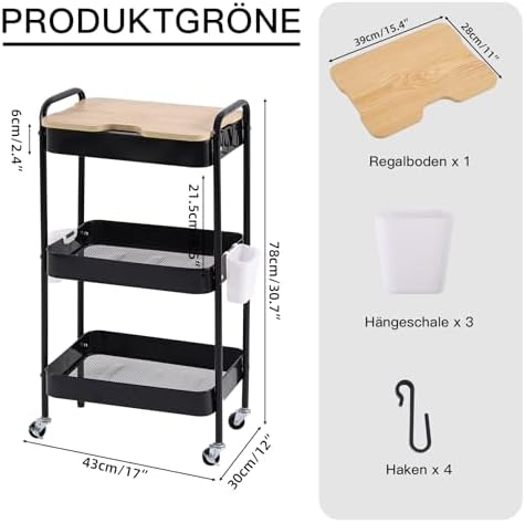 Schwarzer Rollwagen mit 3 Ebenen – Aufbewahrungswagen für Küche, Bad & Wohnzimmer mit abnehmbarem Holztablett und 4 Hake