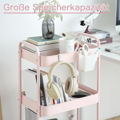 Schwarzer Rollwagen mit 3 Ebenen – Aufbewahrungswagen für Küche, Bad & Wohnzimmer mit abnehmbarem Holztablett und 4 Hake