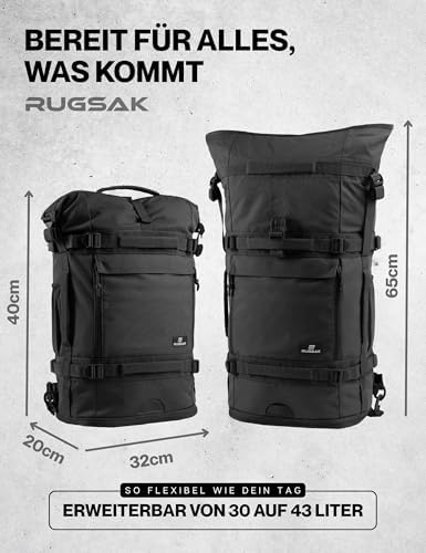 RS RUGSAK Explorer | Wasserabweisender Rolltop Rucksack für Herren & Damen | 30–40L Laptop und Weekender für Arbeit, Uni