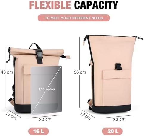 Lekeinchi Rolltop Rucksack für Damen & Herren – Wasserdichter Laptoprucksack mit 17 Zoll Fach für Reisen, Uni & Arbeit -