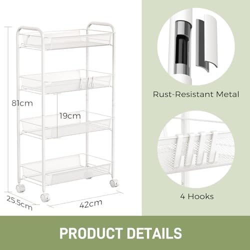 WELDUN Rollwagen mit 4 Ebenen – Mobiler Gitteraufbewahrungswagen für Küche und Wohnzimmer, Weiß