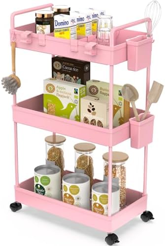 Ronlap Rollwagen Küchenwagen mit 3 Ebenen, praktischer Servierwagen mit Aufhängebechern für Küche und Büro, Schwarz