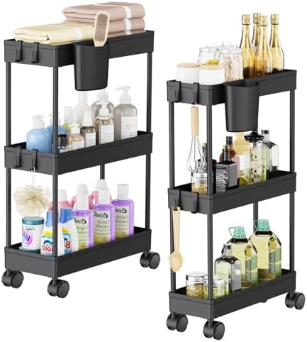 3PCS 4 Ebenen Aufbewahrungswagen mit Rollen - Platzsparender minimalistischer Badezimmerwagen für Bad & Küche, Schwarz