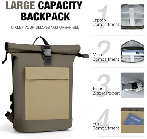 Lekeinchi Rolltop Rucksack für Damen & Herren – Wasserdichter Laptoprucksack mit 17 Zoll Fach für Reisen, Uni & Arbeit -