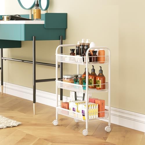 WELDUN Rollwagen mit 4 Ebenen – Mobiler Gitteraufbewahrungswagen für Küche und Wohnzimmer, Weiß