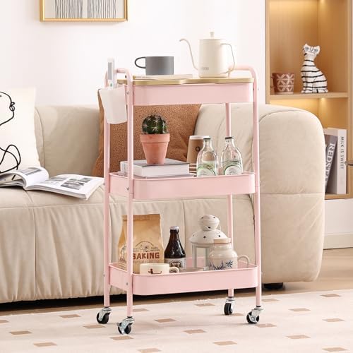 Schwarzer Rollwagen mit 3 Ebenen – Aufbewahrungswagen für Küche, Bad & Wohnzimmer mit abnehmbarem Holztablett und 4 Hake