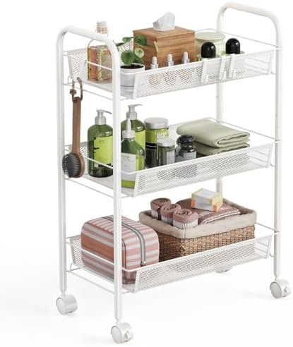 WELDUN Rollwagen mit 4 Ebenen – Mobiler Gitteraufbewahrungswagen für Küche und Wohnzimmer, Weiß