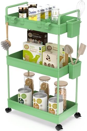 Ronlap Rollwagen Küchenwagen mit 3 Ebenen, praktischer Servierwagen mit Aufhängebechern für Küche und Büro, Schwarz