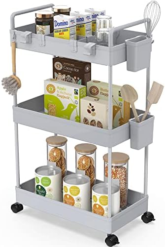 Ronlap Rollwagen Küchenwagen mit 3 Ebenen, praktischer Servierwagen mit Aufhängebechern für Küche und Büro, Schwarz