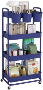 JIUYOTREE Rollwagen 4 Ebenen aus Kunststoff mit Tassenhalter, abschließbaren Rädern – ideal für Wohnzimmer, Badezimmer,