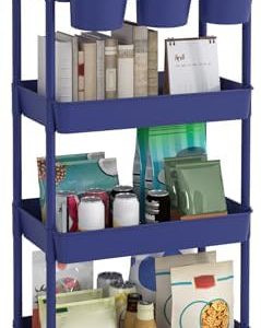 JIUYOTREE Rollwagen 4 Ebenen aus Kunststoff mit Tassenhalter, abschließbaren Rädern – ideal für Wohnzimmer, Badezimmer,