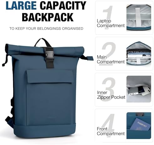 Lekeinchi Rolltop Rucksack für Damen & Herren – Wasserdichter Laptoprucksack mit 17 Zoll Fach für Reisen, Uni & Arbeit -