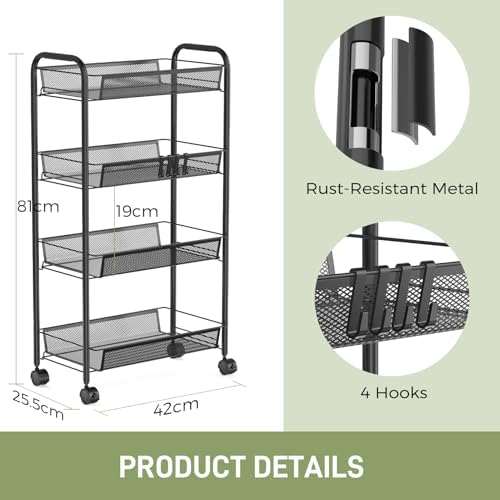 WELDUN Rollwagen mit 4 Ebenen – Mobiler Gitteraufbewahrungswagen für Küche und Wohnzimmer, Weiß