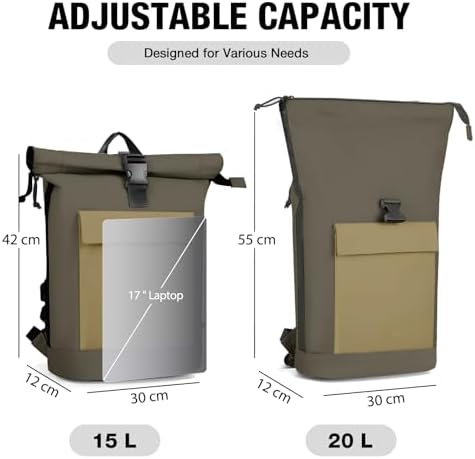 Lekeinchi Rolltop Rucksack für Damen & Herren – Wasserdichter Laptoprucksack mit 17 Zoll Fach für Reisen, Uni & Arbeit -