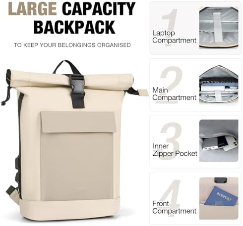 Lekeinchi Rolltop Rucksack für Damen & Herren – Wasserdichter Laptoprucksack mit 17 Zoll Fach für Reisen, Uni & Arbeit -