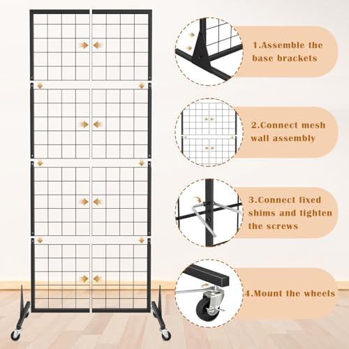 WELDUN Gitter Pinnwand mit Rädern – Flexible Fotowand mit Haken für kreative Präsentationen überall