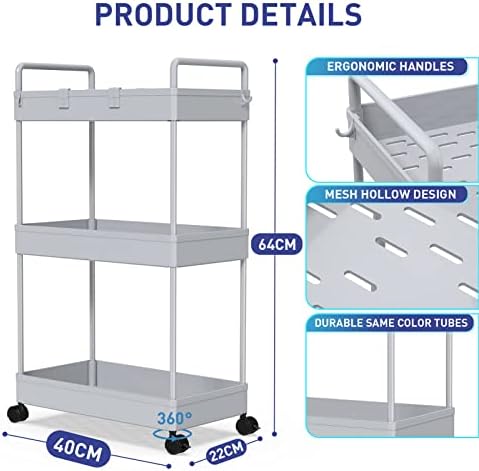 Ronlap Rollwagen Küchenwagen mit 3 Ebenen, praktischer Servierwagen mit Aufhängebechern für Küche und Büro, Schwarz