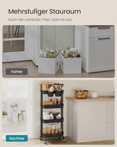 SONGMICS Servierwagen 3 Ebenen mit Griff und Bremsen – Idealer Küchenwagen für Schlafzimmer und Wohnzimmer, leicht aufzu