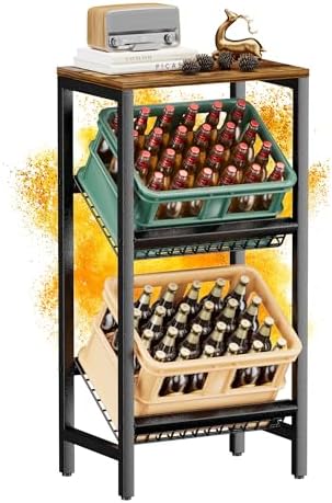 HFHOME Getränkekistenregal aus stabilem Metall mit verstellbarem Holzablage – Ideal für Küche, Keller und Garage!