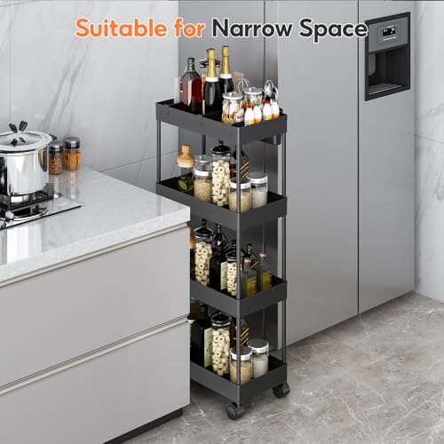 3PCS 4 Ebenen Aufbewahrungswagen mit Rollen - Platzsparender minimalistischer Badezimmerwagen für Bad & Küche, Schwarz