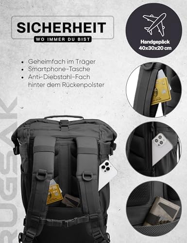 RS RUGSAK Explorer | Wasserabweisender Rolltop Rucksack für Herren & Damen | 30–40L Laptop und Weekender für Arbeit, Uni
