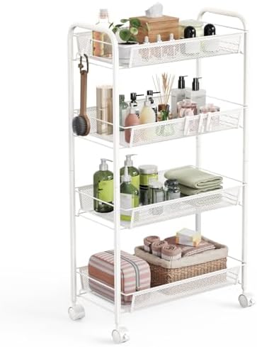 WELDUN Rollwagen mit 4 Ebenen – Mobiler Gitteraufbewahrungswagen für Küche und Wohnzimmer, Weiß