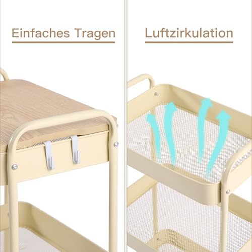 Schwarzer Rollwagen mit 3 Ebenen – Aufbewahrungswagen für Küche, Bad & Wohnzimmer mit abnehmbarem Holztablett und 4 Hake