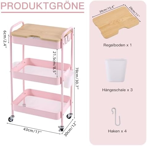 Schwarzer Rollwagen mit 3 Ebenen – Aufbewahrungswagen für Küche, Bad & Wohnzimmer mit abnehmbarem Holztablett und 4 Hake