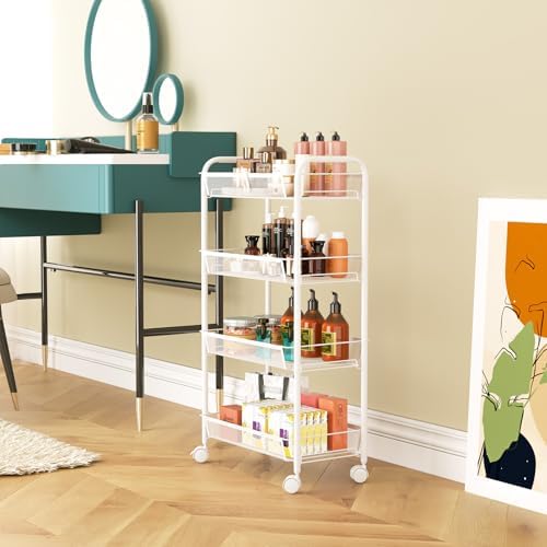WELDUN Rollwagen mit 4 Ebenen – Mobiler Gitteraufbewahrungswagen für Küche und Wohnzimmer, Weiß
