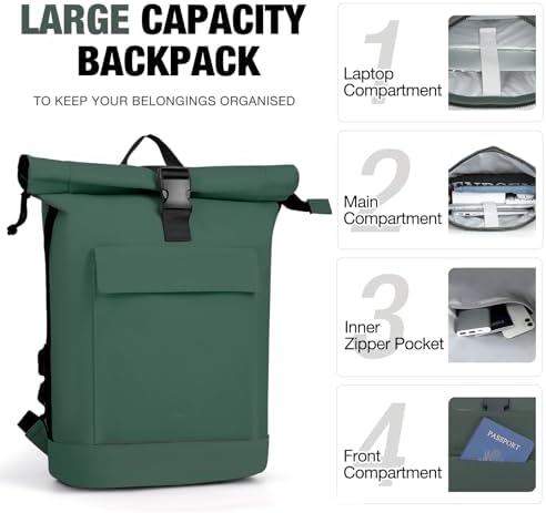 Lekeinchi Rolltop Rucksack für Damen & Herren – Wasserdichter Laptoprucksack mit 17 Zoll Fach für Reisen, Uni & Arbeit -