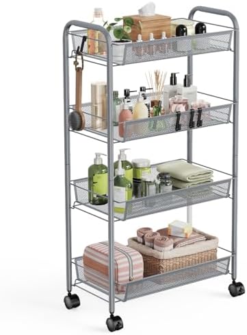 WELDUN Rollwagen mit 4 Ebenen – Mobiler Gitteraufbewahrungswagen für Küche und Wohnzimmer, Weiß