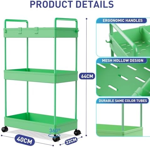 Ronlap Rollwagen Küchenwagen mit 3 Ebenen, praktischer Servierwagen mit Aufhängebechern für Küche und Büro, Schwarz