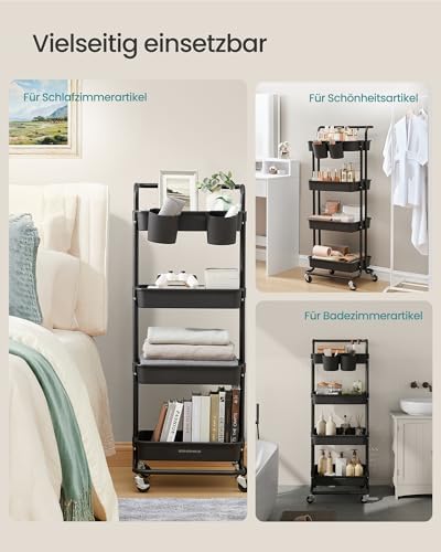 SONGMICS Servierwagen 3 Ebenen mit Griff und Bremsen – Idealer Küchenwagen für Schlafzimmer und Wohnzimmer, leicht aufzu