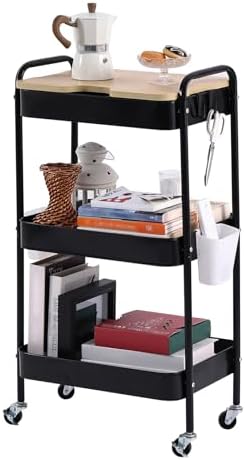 Schwarzer Rollwagen mit 3 Ebenen – Aufbewahrungswagen für Küche, Bad & Wohnzimmer mit abnehmbarem Holztablett und 4 Hake