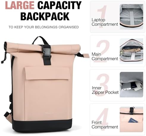 Lekeinchi Rolltop Rucksack für Damen & Herren – Wasserdichter Laptoprucksack mit 17 Zoll Fach für Reisen, Uni & Arbeit -