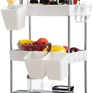 DOEWORKS Servierwagen mit Rollen – Schmaler 3-Ebenen Küchenwagen für Küche, Bad & Büro mit 3 Hängebechern – Umweltfreund