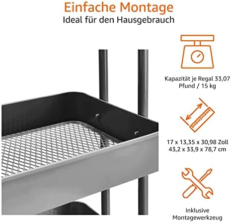 Amazon Basics Küchenrollwagen mit 3 Ebenen, platzsparend und modern – perfekt für Ihre Küche!