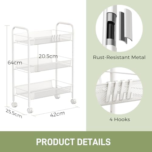 WELDUN Rollwagen mit 4 Ebenen – Mobiler Gitteraufbewahrungswagen für Küche und Wohnzimmer, Weiß