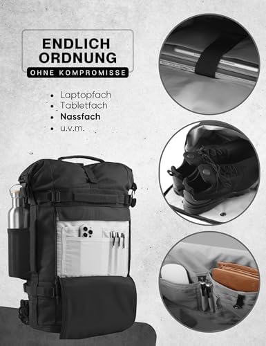 RS RUGSAK Explorer | Wasserabweisender Rolltop Rucksack für Herren & Damen | 30–40L Laptop und Weekender für Arbeit, Uni